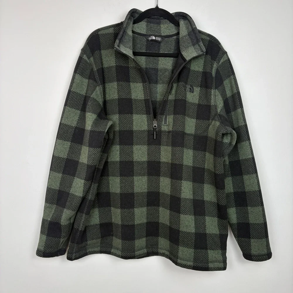 The North Face Mens 1/4 Zip Fleece Sweater XXL Green Plaid Pocket Elbow Patches